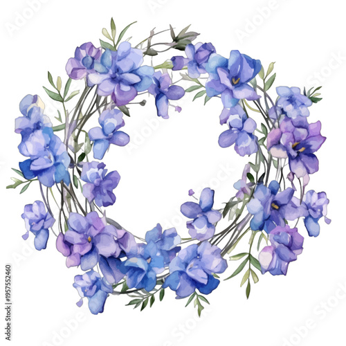 Watercolor Purple Delphinium Flower Wreath Frame Clipart
