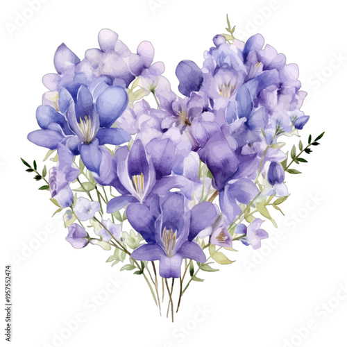 Watercolor Purple Freesia Flower Heart Shaped Bouquet Clipart