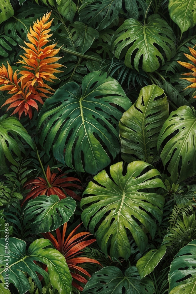 Fototapeta premium Top view of lush tropical foliage featuring monstera leaves and vibrant exotic flowers in a rich, vivid digital painting style. High-quality botanical background