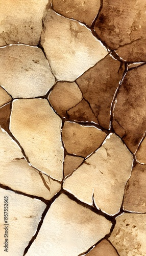 Earthy desert landscape watercolor illustration reveals textured cracked soil patterns