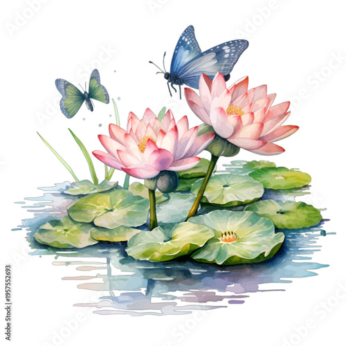 Watercolor Pink Water Lily Flowers and Blue Butterflies on Pond