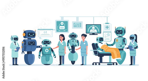 Robotic Healthcare: AI Assistants & Human Medical Professionals Collaborating in Futuristic Patient Care & Hospital Automation