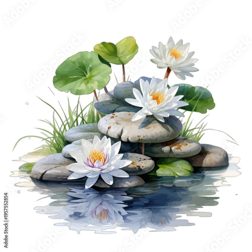 Watercolor White Water Lily Flowers and Zen Stones on Water Pond
