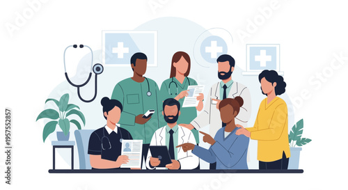 Diverse Healthcare Team Collaboration: Doctors, Nurses & Medical Staff Working Together in a Modern Flat Design Illustration