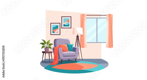 Cozy Modern Living Room Corner Illustration: Armchair, Floor Lamp, Potted Plant, and Window with Curtains. Stylish Home Interior Design Concept.