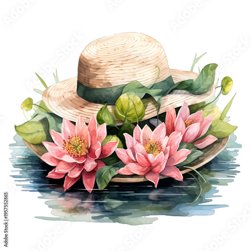 Watercolor Straw Hat with Pink Lotus Flowers and Ribbon on Water