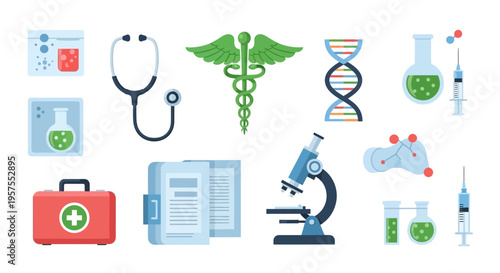 Medical and Science Icon Set: Healthcare, Laboratory, and Research Symbols in Flat Design