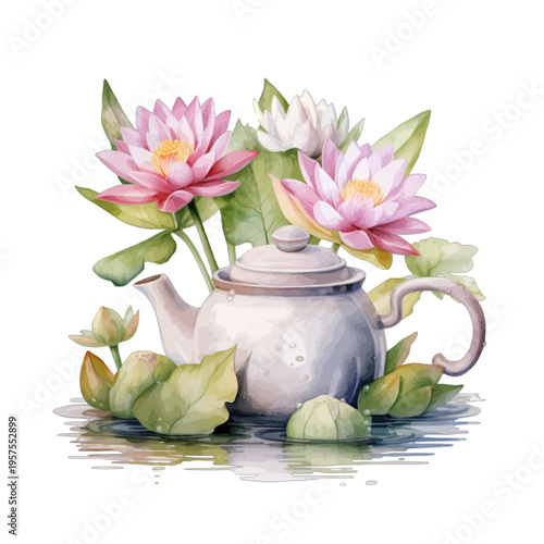 Watercolor Teapot and Pink Lotus Flower Bouquet on Water Surface