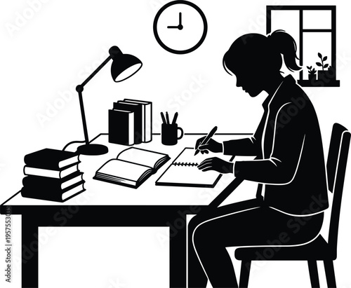 Student Studying at Desk Silhouette with Books Lamp Clock and Window Focused Learning Home Education Concept Illustration