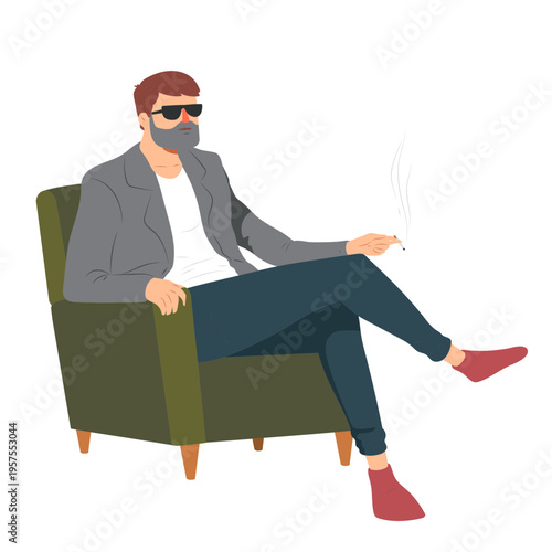 Man beard glasses style cigarette smoke armchair flat
