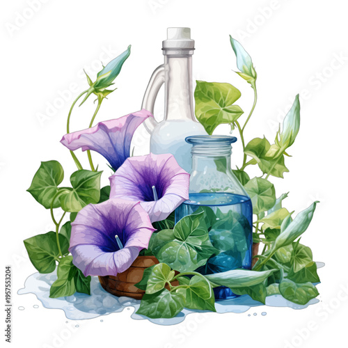 Watercolor illustration of glass apothecary bottles with purple morning glory flowers and green leaves, isolated on white for herbal and magical elixir clipart.