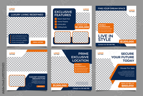 Real Estate Social Media Carousel Template Pack, Modern Geometric Property Listing Layouts, Editable AI file