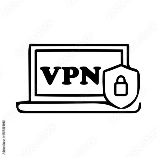 VPN protection icon featuring laptop with secure shield and padlock for private internet browsing and data encryption vector
