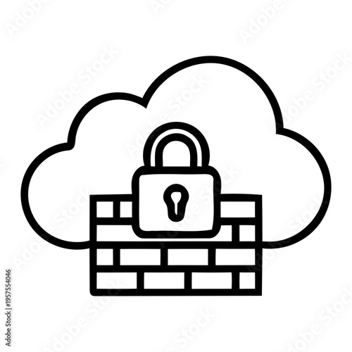 Cloud firewall security icon featuring locked cloud infrastructure and brick wall defense mechanism for network protection vector