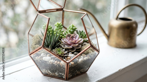 Open geometric copper and glass terrarium with succulents and stones