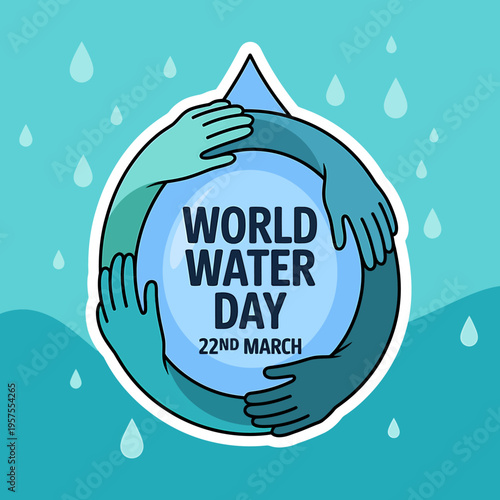 World Water Day illustration with hands holding globe and raindrops on blue background