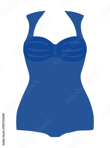 One piece swimsuit, trendy blue swimming suit illustration isolated. Woman beachwear, fashion, clothes. Summer holidays, resort, pool, water sport. Flat design, clip art element, hand drawn vector