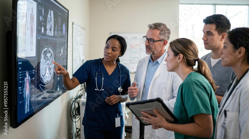 Medical team of doctor and nurse analyzing patient scan on digital screen. Healthcare specialist explaining medical imaging data to intern. Hospital diagnostics, teamwork, technology.