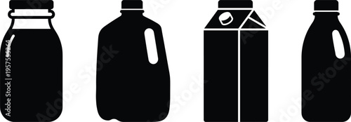 Various Beverage Container Shapes Including Glass Jar Plastic Jug Carton Box and Bottle Silhouettes Packaging Design Collection