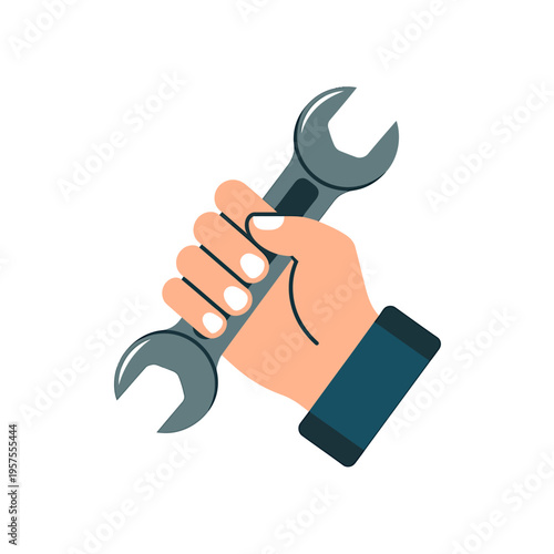 Hand holding adjustable wrench on white background for repair concept