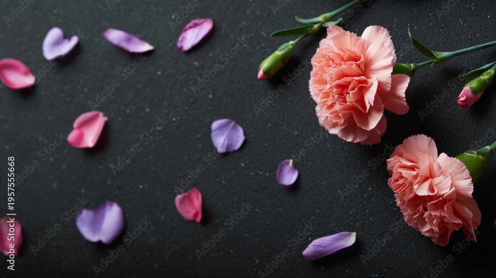 Fototapeta premium Delicate pink and purple flower petals scattered on a dark surface.