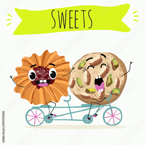 Funny Characters Kurabiye, Kurabie, Ghorayeba, Qurabiya, dessert, hand drawn vector illustration.