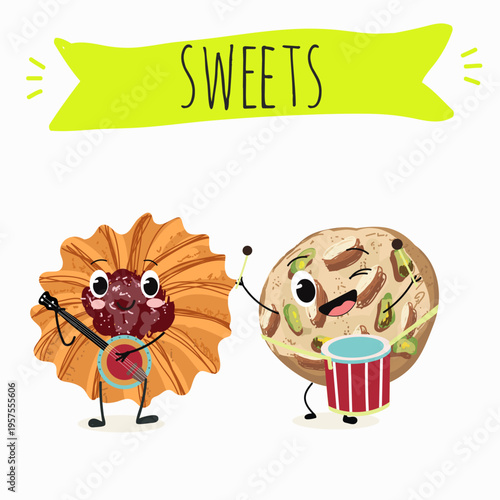 Funny Characters Kurabiye, Kurabie, Ghorayeba, Qurabiya, dessert, hand drawn vector illustration.