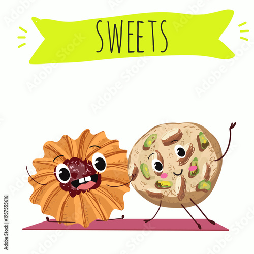 Funny Characters Kurabiye, Kurabie, Ghorayeba, Qurabiya, dessert, hand drawn vector illustration.