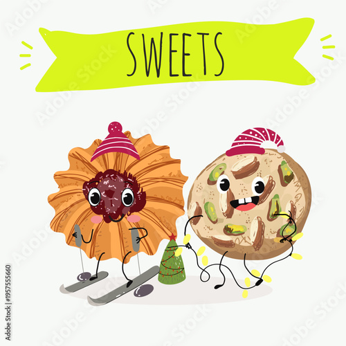 Funny Characters Kurabiye, Kurabie, Ghorayeba, Qurabiya, dessert, hand drawn vector illustration.