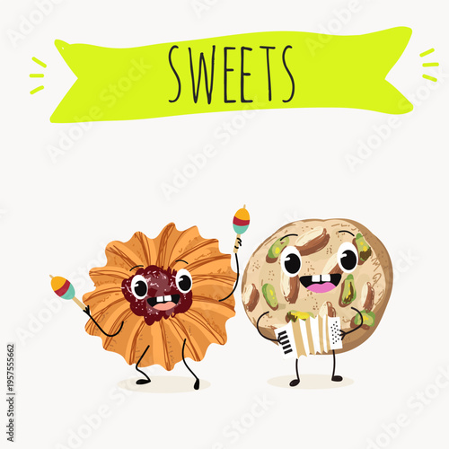 Funny Characters Kurabiye, Kurabie, Ghorayeba, Qurabiya, dessert, hand drawn vector illustration.