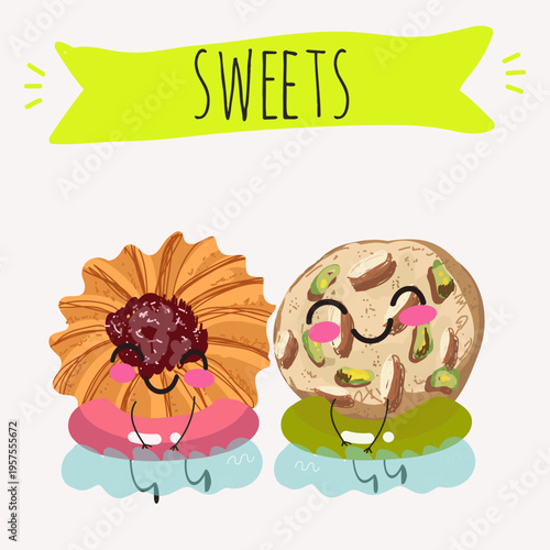 Funny Characters Kurabiye, Kurabie, Ghorayeba, Qurabiya, dessert, hand drawn vector illustration.