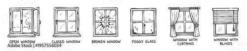 Hand drawn doodle windows collection featuring open, closed, broken, foggy, with curtains, and with blinds variations