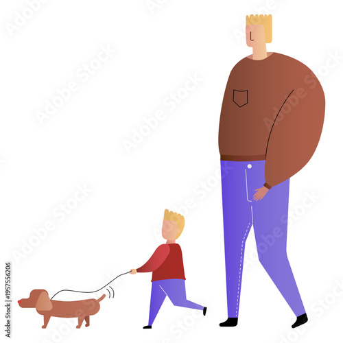 Father and son walking dog