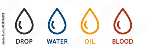 drop icons, set icon of water, oil and blood, liquid concept, linear editable symbols