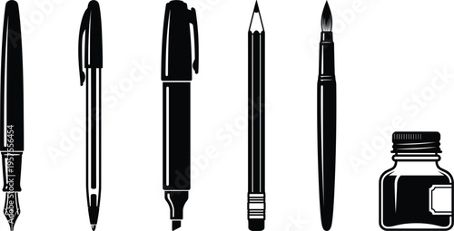 Konstfotografi Writing Instruments Silhouette Set Featuring Fountain Pen Ballpoint Marker Penci