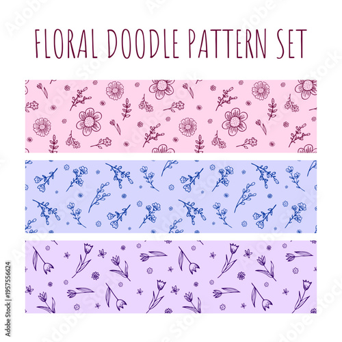 Seamless hand-drawn patterns collection with flowers and twigs in doodle style. Vintage floral pattern set with botanical elements for postcards, wrapping papper, textile. Vector illustration. 