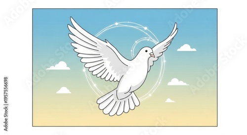 A white dove soars gracefully across a soft gradient sky, symbolizing peace and hope.