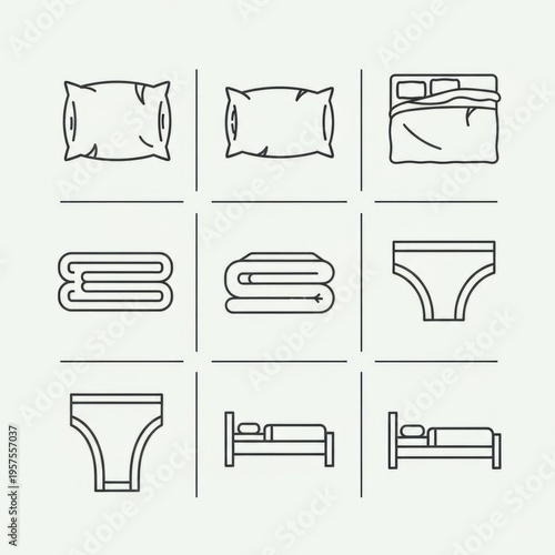 Cozy and comfortable bedroom essentials illustrated in a clean line art style.