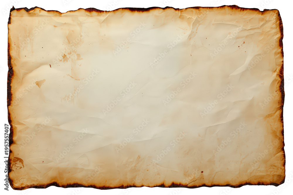 Fototapeta premium Aged paper parchment with burnt and tattered edges, empty antique scroll texture, transparent background