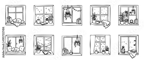 Doodle windows illustrating cozy hygge lifestyle scenes