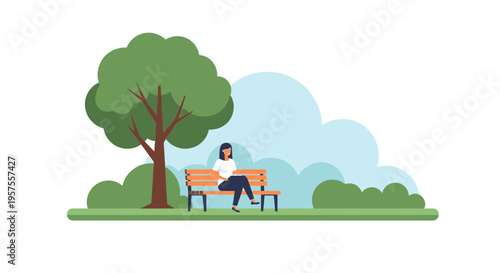 Woman sitting on park bench under tree, enjoying nature and solitude