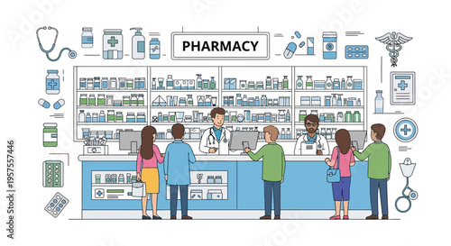 Pharmacy interior with customers and pharmacists at counter, medical supplies and drugs displayed