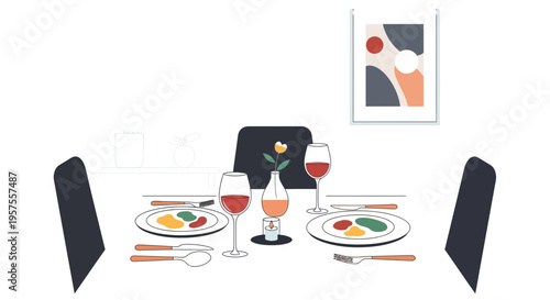 Elegant Dinner Setting: Table for Two with Wine and Art