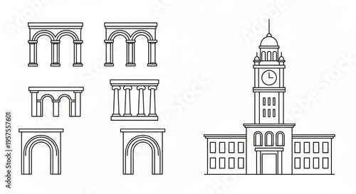 Collection of architectural elements featuring arches and a clock tower building