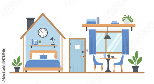 Cozy Minimalist House Interior Vector Illustration: Bedroom, Dining Area, and Living Space