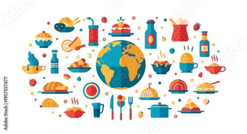 Global Cuisine: World Map Surrounded by Diverse International Food Dishes and Drinks