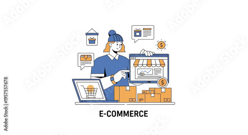 E-commerce illustration: Woman with shopping cart, boxes, and online store.