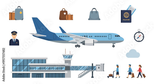 Airplane travel icons: jet, airport, luggage, passport, pilot, compass, clouds