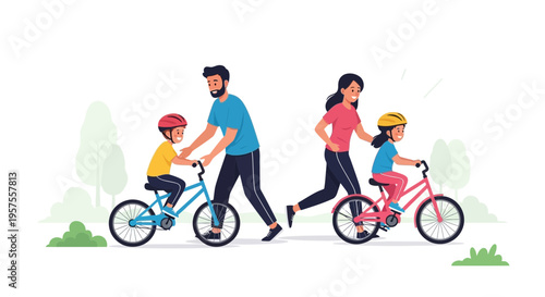 Family cycling outdoors: parents teaching kids to ride bikes in a park, active lifestyle