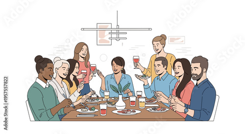 Diverse group of friends enjoying a lively dinner party, toasting and laughing around a table.